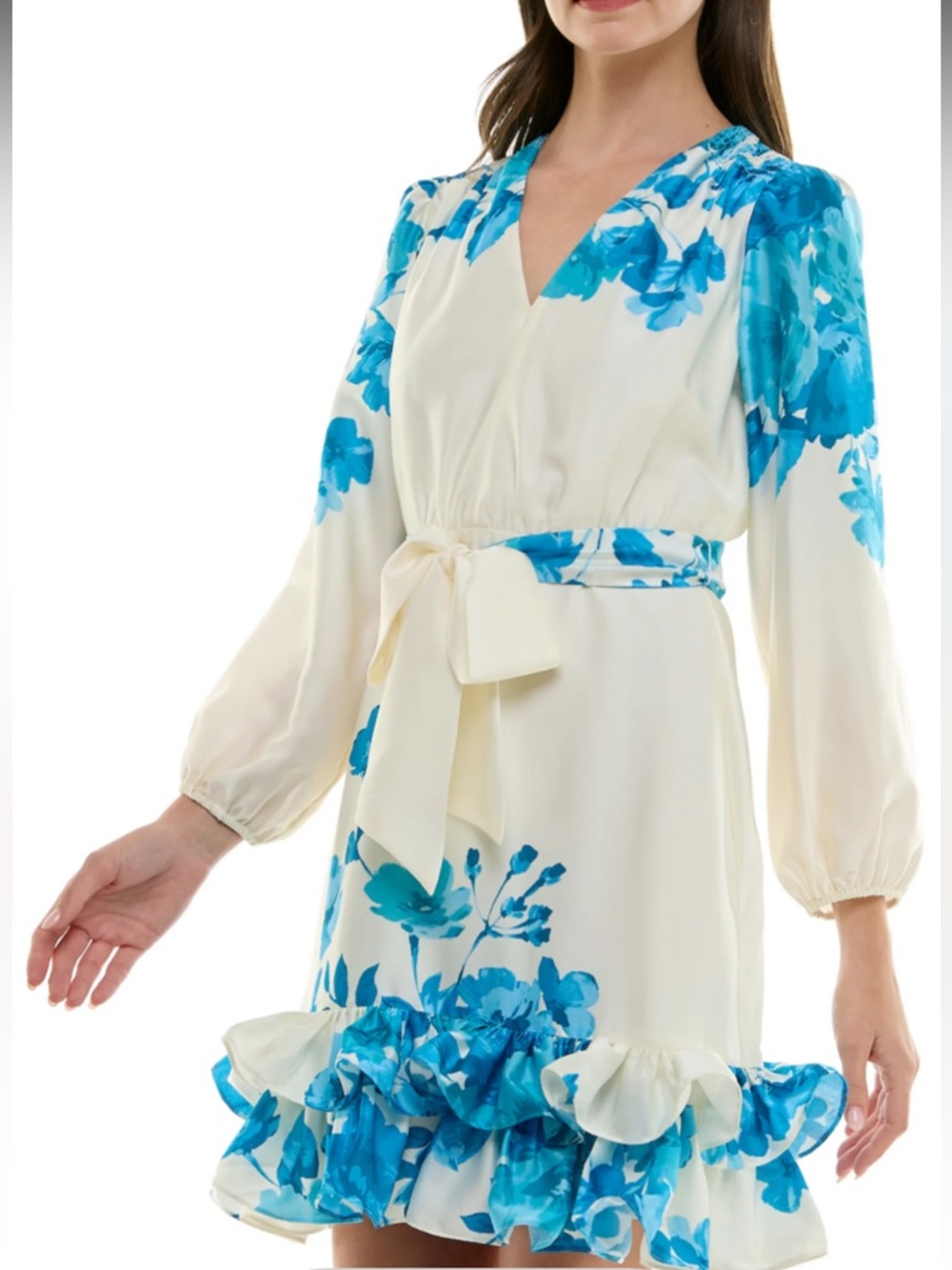 Blue Floral Ruffle V-Neck Mini Dress - Picture 3 of 4